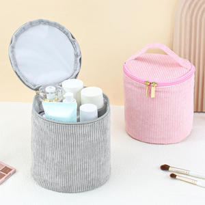 กระเป๋าเครื่องสำอางผ้าลูกฟูกสำหรับผู้หญิงกระเป๋าเก็บของอุปกรณ์เสริมความงามกระเป๋าซิปปิดทรงถัง - Product Image 2