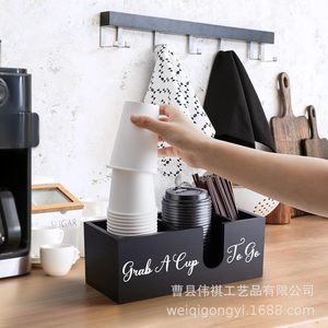 Boîte de rangement en bois pour tasses à emporter, organisateur de bureau pour cafés, avec couvercle de tasse et support pour pailles - Product Image 3