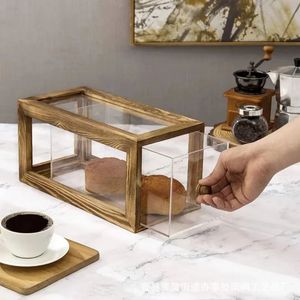 Wooden Acrylic Bread Box Rectangle Pull Out Storage Display <b>Kitchen</b> Food Container With Wooden Lid - Product Image 1