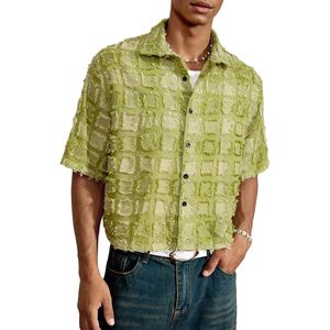 FOXA Men's Cropped Button Down Shirt <b>Y2k</b> Gingham Short Sleeve Box Fit Summer Streetwear Casual <b>Top</b> - Product Image 1