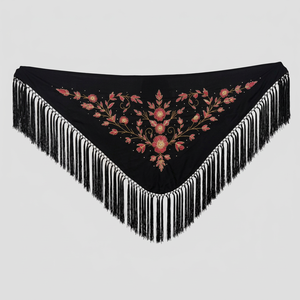 Châle triangulaire noir brodé de fleurs pour femme avec motif de vigne rouge et or, longue frange à pampilles, écharpe d'épaule pour mariage et soirée - Product Image 1
