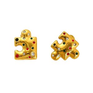 ZOGXIN Gold Plated Stainless Steel Jigsaw Puzzle <b>Stud</b> Earrings With Colored Stones For Women Party Jewelry - Product Image 5