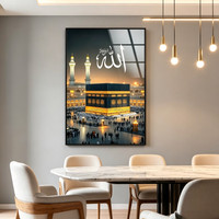 Décoration d'intérieur : Tableau lumineux LED en verre et céramique, avec calligraphie islamique de la Mecque, représentant la Mosquée Al Haram, encadré, effet diamant