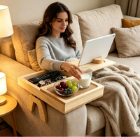 Plateau de canapé en bois, table d'accoudoir de canapé avec porte-gobelet et support pour tablette, organiseur pliable pour boissons, télécommande et collations