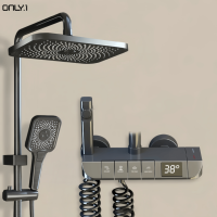 Système de douche thermostatique numérique de luxe à poignée unique avec affichage, finition chrome piano, en laiton, pour salle de bain complète