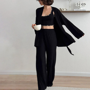 Pigiama in Seta di Latte Morbido e Delicato sulla Pelle per <span class=keywords><strong>Donne</strong></span>, Set da Notte in 3 Pezzi con Bordo Ondulato, Abbigliamento Casual per Casa - Product Image 3