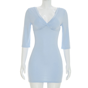 Viviblook C26DS107 Women's Dresses Summer New Elegant Slim Fit Seven Quarter Sleeve V-Neck Backless Sexy <b>Mini</b> Casual Dress - Product Image 2