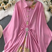 Gaun Maxi Cetak Bunga Musim Panas Baru 2026 Grosir, Gaya Chic Prancis, Ikat Pinggang Tinggi, Elegan, Biru, Gaun Resort dengan Hiasan Rhinestone