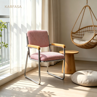 Fauteuil cantilever moderne du milieu du siècle, structure chromée, tissu à motifs vert sauge, accoudoirs en bois pour salon, bureau, café