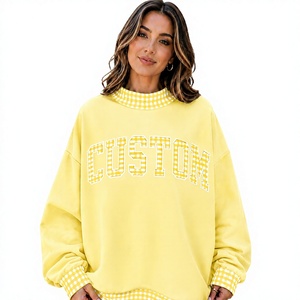 Sweat-shirt à col montant pour femme, couleur jaune clair, à carreaux, avec logo imprimé sur le col et les poignets, coupe décontractée, pour un usage quotidien - Product Image 1