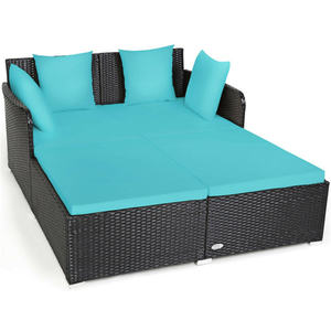 DB Luxury Outdoor <b>Daybed</b> Turquoise Upholstered Cushions Modern Rattan Design for Courtyard Park Solid <b>Wood</b> Leisure Furniture - Product Image 1
