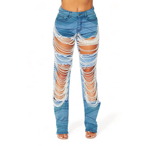 Nueva Moda Pantalones Rectos de Mujer con Cadena de Cuentas y Aberturas Grandes - Product Image 2