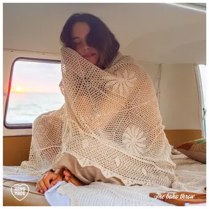 Bindi Wholesale Woven Boho Blanket 50 "* 60" 100% 手編みフラワーパターンかぎ針編みスローブランケット