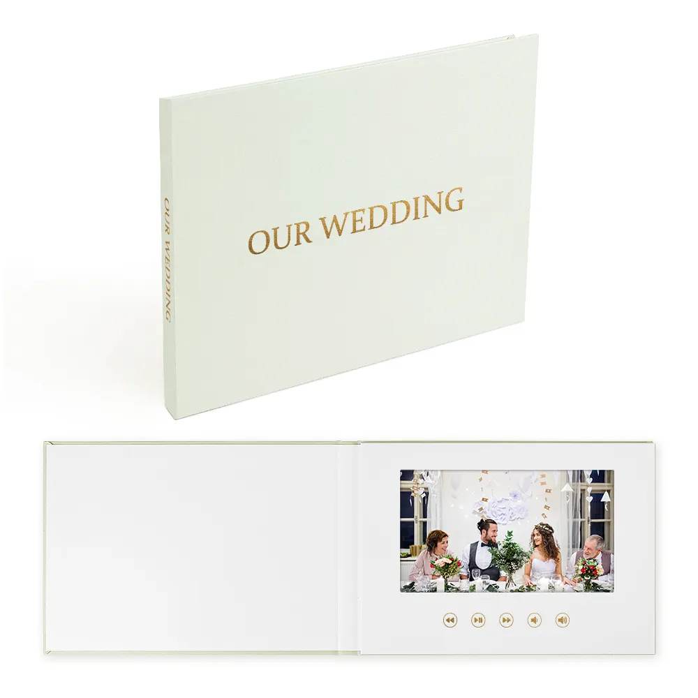 ปกผ้าลินินโบรชัวร์วิดีโอสมุดเยี่ยมสำหรับงานแต่งงานพร้อมจอ LCD โบรชัวร์วิดีโองานแต่งงานพร้อมแผ่นฟอยล์สีทอง