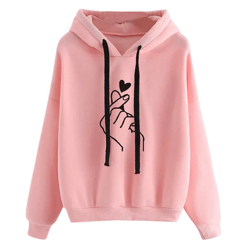 Autumn Clothing Pink Love Heart Finger Print Hooded Casual Female Pullover Women's Sweatshirt Hoodies