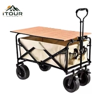 Chariot de camping pliable à prix d'usine, chariot utilitaire avec plateau en bois, chariot utilitaire robuste à roues larges