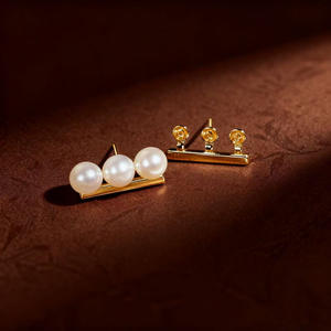 WENCHI 11018 DIY <b>Pearl</b> Accessories S925 <b>Silver</b> Earnail Empty Stand Gold/<b>Silver</b> Three <b>Pearl</b> <b>Earrings</b> with 6-7mm Round Beads - Product Image 2