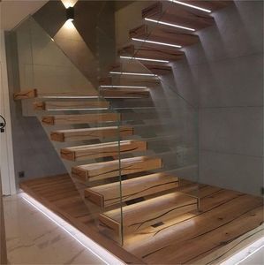 Escalera Recta para Villa, Escalera Flotante Moderna de Madera <span class=keywords><strong>con</strong></span> Iluminación <span class=keywords><strong>LED</strong></span>, Pasamanos de Vidrio Templado y Metal Resistente, Peldaños de Madera - Product Image 3