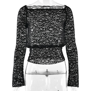 เสื้อครอปแขนยาวลูกไม้ซีทรูสำหรับผู้หญิงทรงเข้ารูปสีทึบเสื้อถักโพลีเอสเตอร์ - Product Image 5