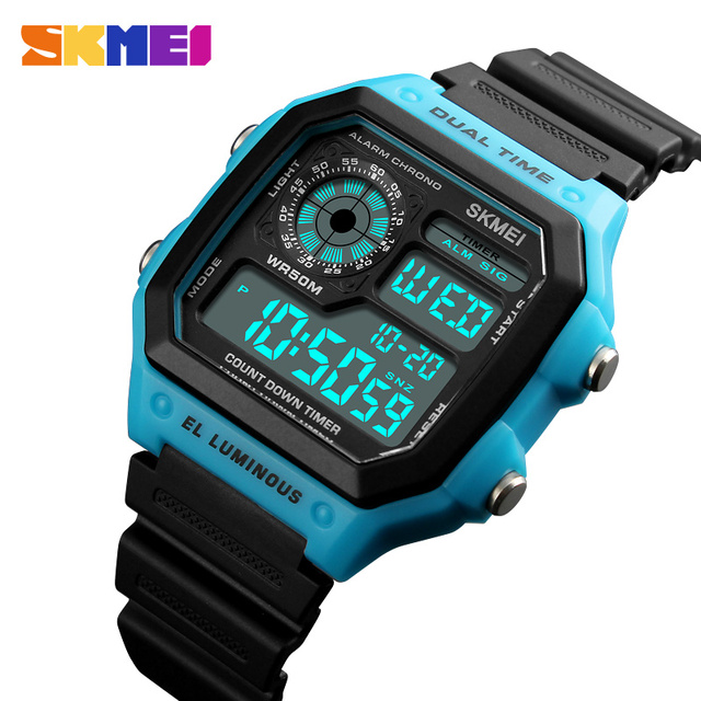 Top Fashion Men Wrist Watch Retro Square Digital Multifunction Clock Plastic 50M Waterproof Skmei 1299 Brand Dive Led Watch