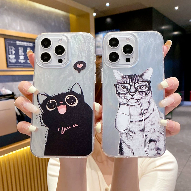 New Black White cat Couple-style Phone case for iPhone 16 15 Pro Max Features Personalized Cartoon Camlet Protective Cover
