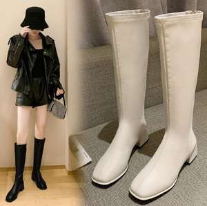 Autunno e inverno nuovi stivali lunghi in pelle con cerniera posteriore di grandi dimensioni stivali alti tacchi alti spessi tacchi bassi stivali da cavaliere per le donne - Product Image 1