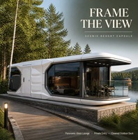 Maison-capsule spatiale moderne préfabriquée avec fenêtres panoramiques et terrasse extérieure pour complexe hôtelier panoramique