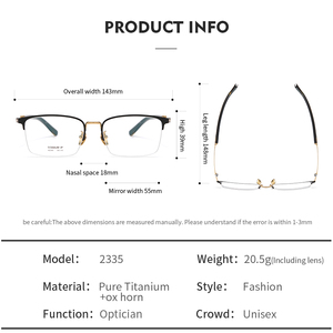 H2335 New Tinh Khiết Titan + Oxhorn Khung Quang Học Thời Trang Titan Kính Bất Trâu Sừng Kính - Product Image 6