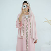 Vêtements islamiques personnalisés pour femmes, robe cardigan abaya, ensemble 2 pièces, abaya en Nida, broderie florale d'été, robe musulmane pour femmes avec hijab