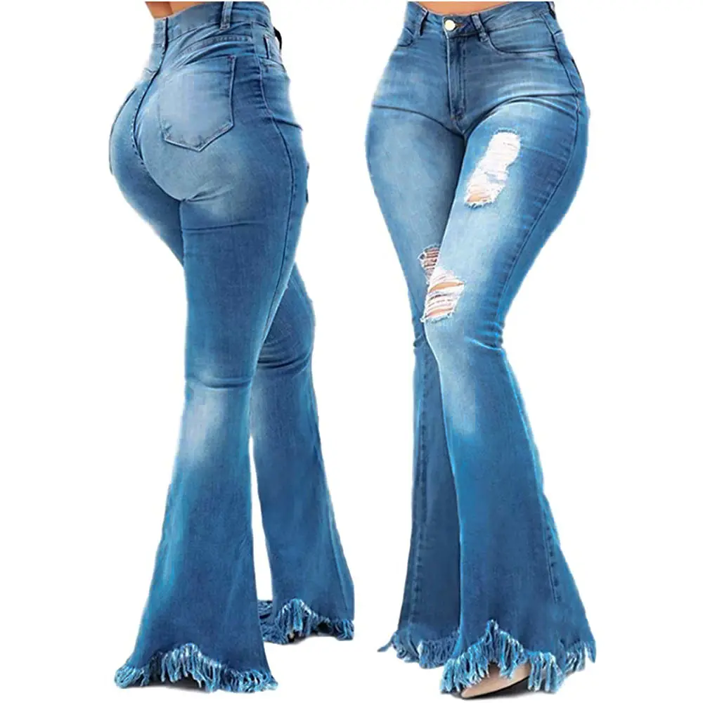 Fashion Slim Wide Leg Water Washed Distressed Hole Ripped Women Denim Flare Jeans