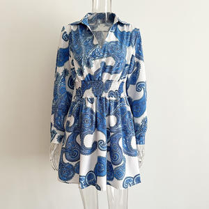 Primavera y otoño estilo Retro camisa cuello vestido de mujer cintura elástica Vestido de manga larga <span class=keywords><strong>bluey</strong></span> ropa vestidos estampados - Product Image 1