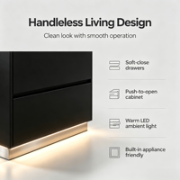 Meuble de cuisine modulaire en acier inoxydable 304 noir laqué mat sans poignée avec évier intégré, éclairage LED et four encastré linéaire