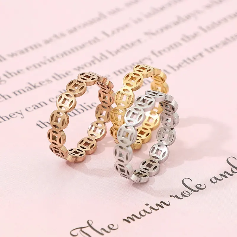Hot Selling Copper Coin Stainless Steel Gold Rose Gold Plated Fine Fashion Jewelry Rings for Women Man