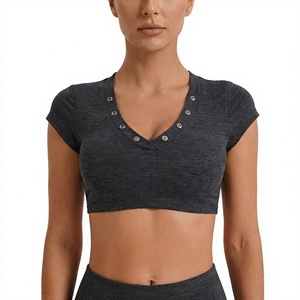 Conjunto de Yoga de 2 Piezas para Mujer, Top Corto de Cintura Alta y Leggings, Color Negro Sólido, Cuello en V, Manga Corta, Transpirable, Ajuste Sin Costuras - Product Image 1