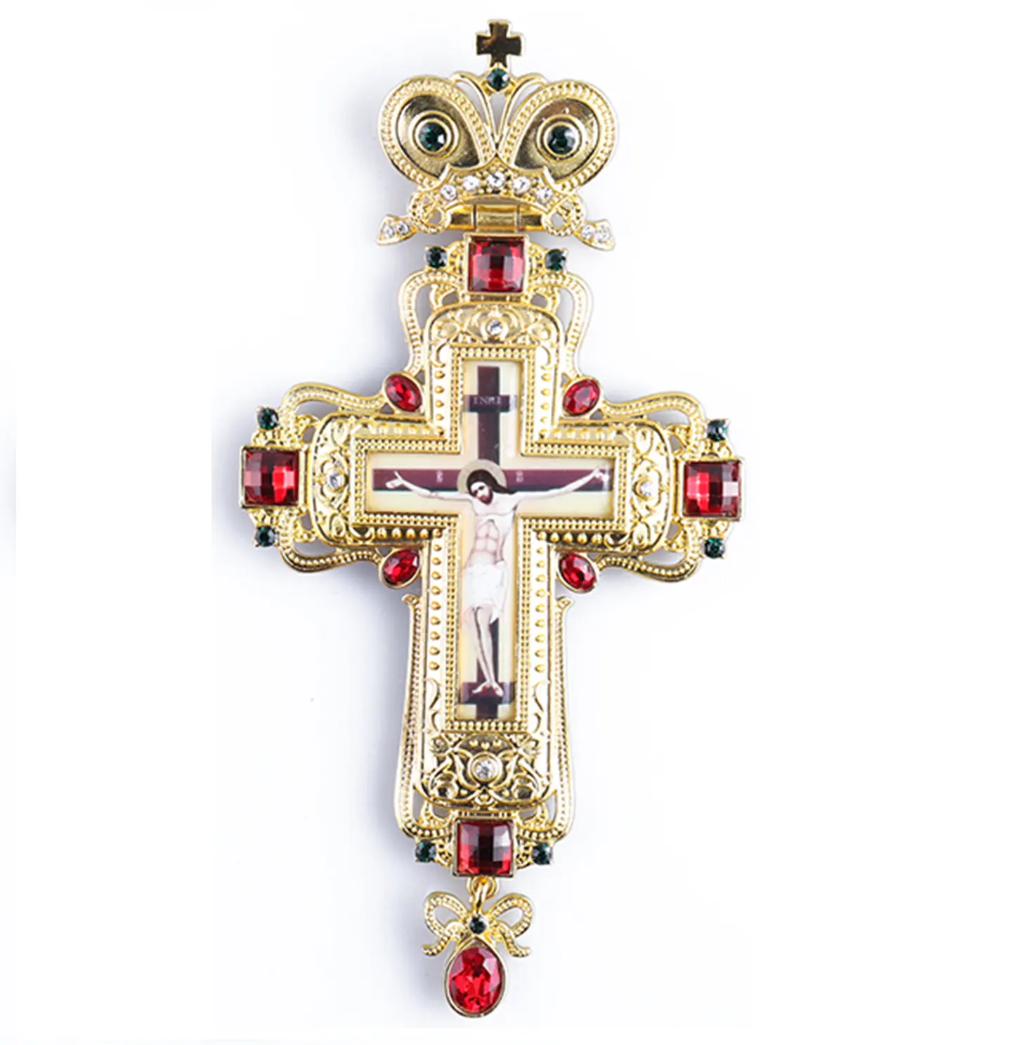 Neues Design Gold beten Jesus Kruzifix Symbol blauen Diamanten mit Abdeckung Kette Männer Halskette Brustkreuz