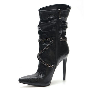 Pleated Shaft Metal Chain Decor Side Zip Pointy Toe Half Knee High Shoes Women <b>Boots</b> Thin Heel Warm Mid-calf Lady Big Size - Product Image 2