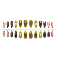 24 faux ongles à presser, forme amande, vert olive, motif étoile scintillant, marbre marron, avec lime à ongles, vente en gros, dropshipping