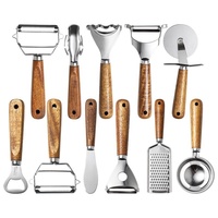 Ensemble d'ustensiles de cuisine en bois d'acacia, éplucheur en acier inoxydable, râpe à fromage, roulette à pizza, outils de pâtisserie combinés