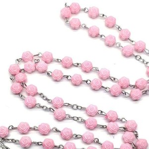 Collier chapelet rose en résine, perles en résine, chaîne en argent, bijoux cadeau unisexe - Product Image 2