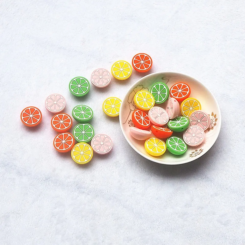 COMPRAR Food-Grade Mastigar Dentes Bead DIY Mamilo Cadeia Jóias Acessórios Frutas Limão Silicone Character Beads