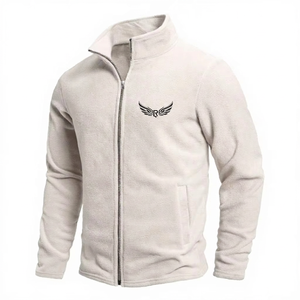 <b>Men's</b> Fleece Jacket Stand Collar Zipper Front Embroidery Solid Color Casual Autumn Wear Regular Fit <b>Long</b> Sleeve - Product Image 1