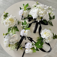 Bunga Bola Buatan Putih untuk Pengantin & Pengiring Pengantin, Rangkaian Bunga, Bunga Pergelangan Tangan & Set Boutonniere untuk Dekorasi Meja Pernikahan