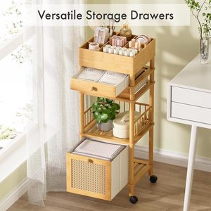Chariot de rangement en bambou à 5 niveaux avec tiroirs et roulettes pour salle de bain, salon, chambre à coucher, étagère d'organisation multi-usages - Product Image 2