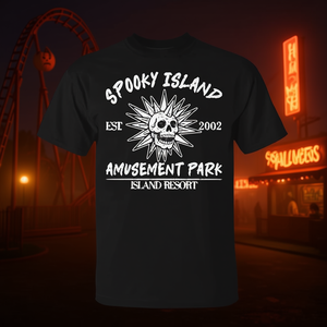 T-shirt rétro Spooky Island avec crâne d'Halloween, design du parc d'attractions Summerween des années 90, noir - Product Image 3