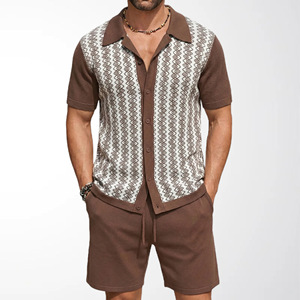 Ensemble de cardigan en tricot jacquard décontracté pour <span class=keywords><strong>homme</strong></span>, printemps-<span class=keywords><strong>été</strong></span>, 2 pièces, style streetwear, haut à manches courtes et short, ensemble deux pièces, costumes pour <span class=keywords><strong>homme</strong></span> - Product Image 3