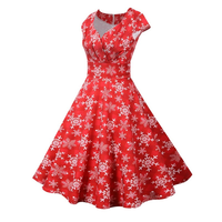 Robe de fête de Noël rouge pour femmes 2024, manches courtes, col en V, imprimé vintage élégant, robe de bal de Noël et du Nouvel An, robe de soirée, taille plus 3XL
