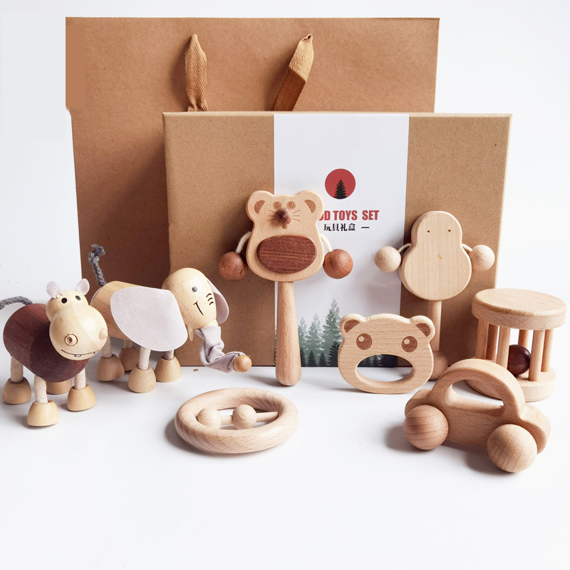 Высококачественная развивающая деревянная погремушка Монтессори, деревянное кольцо в форме животного из натурального дерева, жевательная деревянная игрушка для малышей