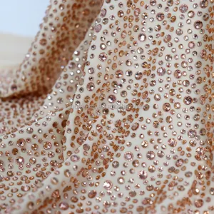 FB New Popular Stone Handmade Colorful Crystal Fabric Stretchable Tulle Lace Fabric Rhinestone Mesh Fabric