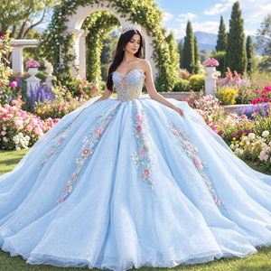 Dy6938 Stunning Sweetheart Pastel Floral Vine <b>Appliques</b> Embroidered Sky Blue Chiffon Ball Gown Vintage Party Quinceanera <b>Dress</b> - Product Image 1