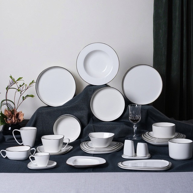 White Porcelain Simple Ceramic Plate Mug Tableware Coffee Salad Soup Rice Bowl Dinnerware Set for Hotel Restaurant